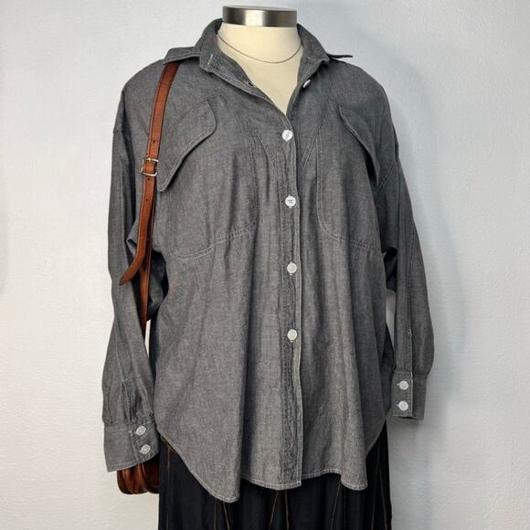 Vintage Womens Gray Western Button Front Denim Shirt Chest Pockets Plus Size - Picture 1 of 7